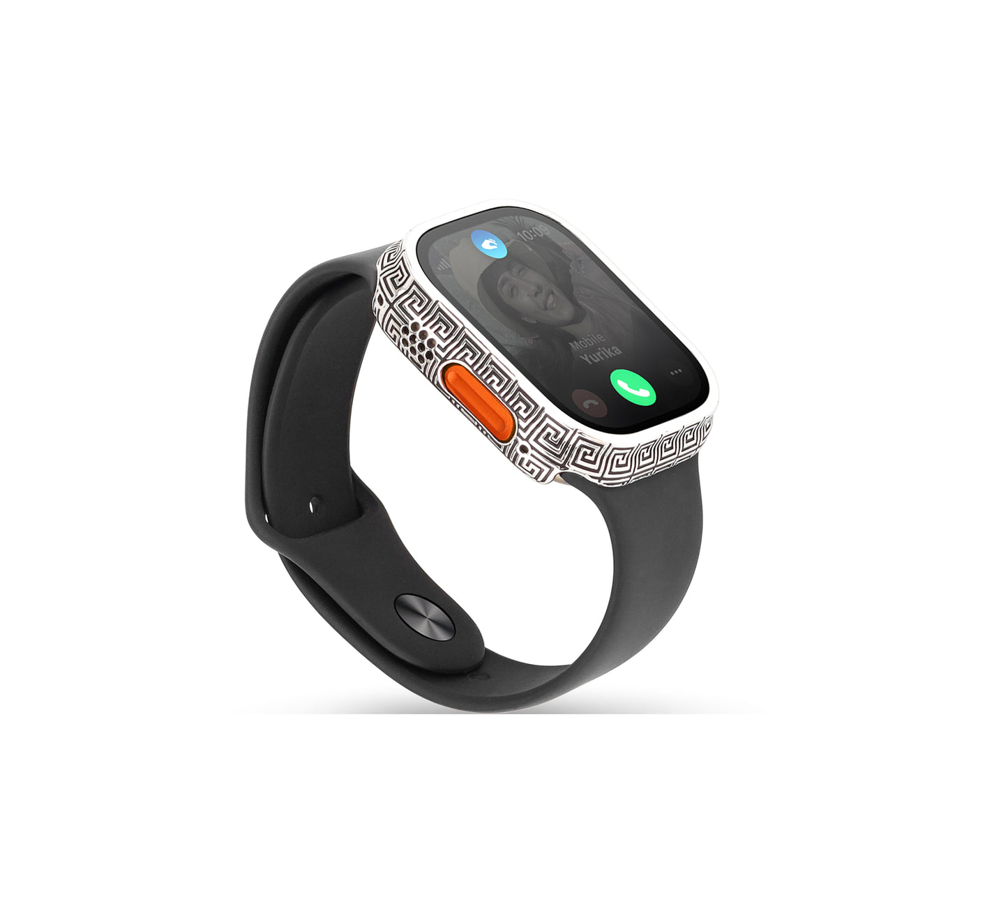 Apple Watch Ultra case made from sterling silver with a sleek silver PVD coating and a custom abstract design with black enamel , offering a bold and modern design for luxury enthusiasts.
