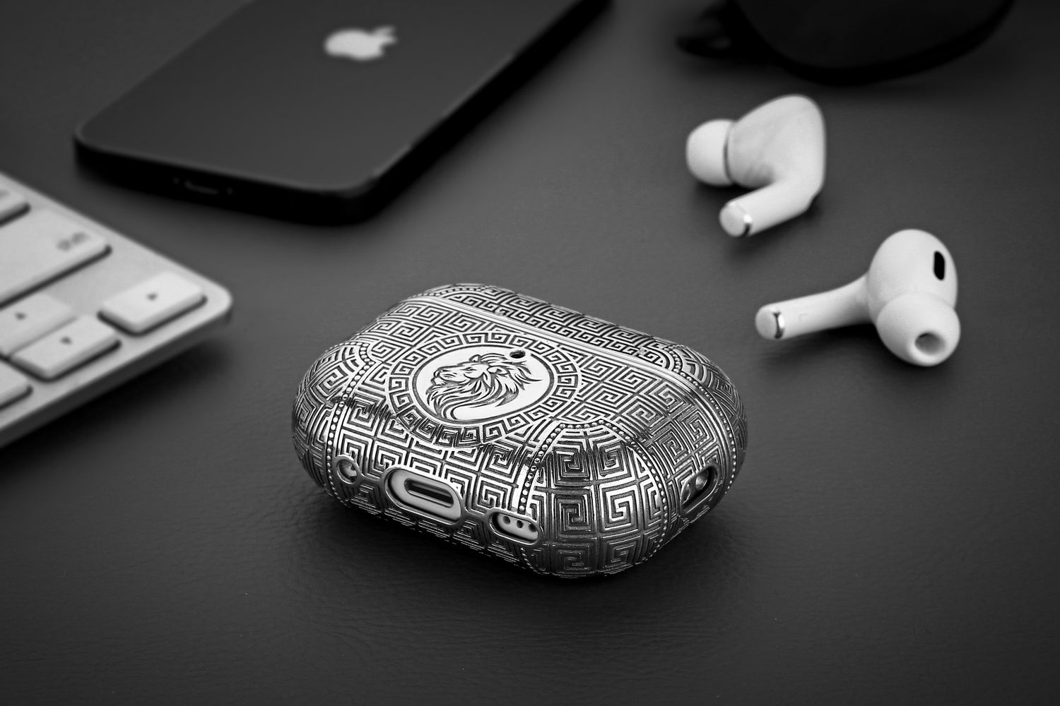 Image banner showcasing Apple AirPods Pro and pro 2 case made from sterling silver, highlighting elegant design and craftsmanship.