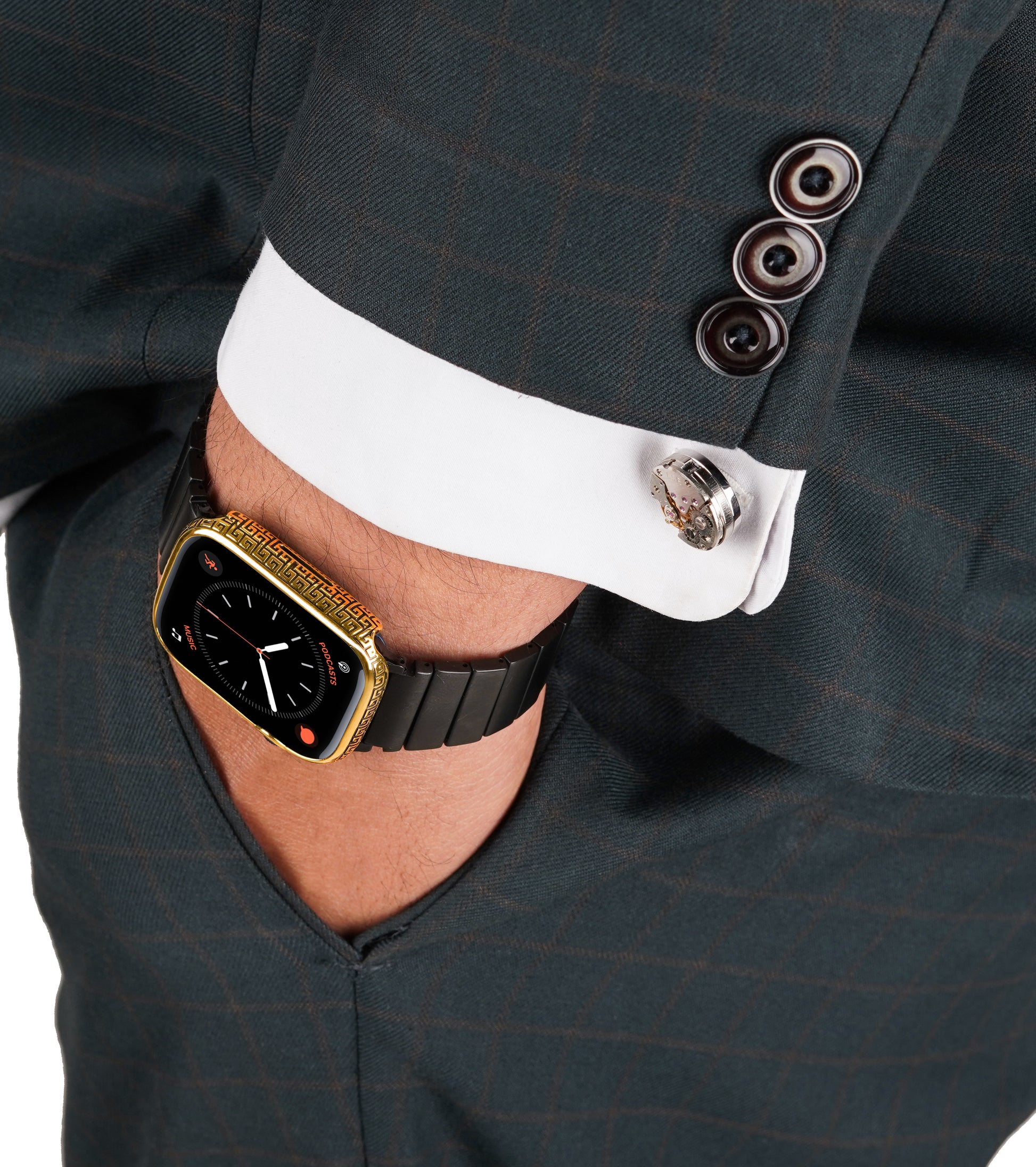 Apple Watch Series 9 silver case with custom design made from sterling silver with a PVD-coated gold finish, featuring hand-applied black enamel for a sleek and sophisticated design