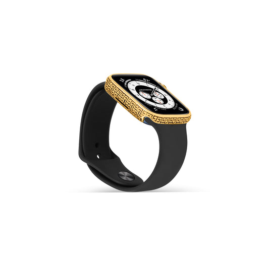 Side profile of Apple Watch Series 9 golden case with custom design made from sterling silver with a PVD-coated gold finish, featuring hand-applied black enamel for a sleek and sophisticated design