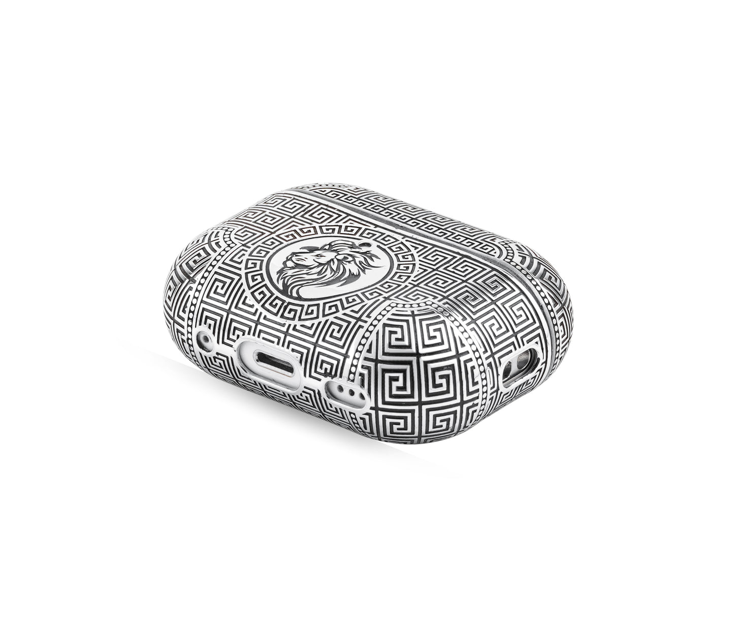 Bottom view of AirPods Pro case made from silver, featuring an abstract design with black enamel details and a stunning silver PVD-coated shine.