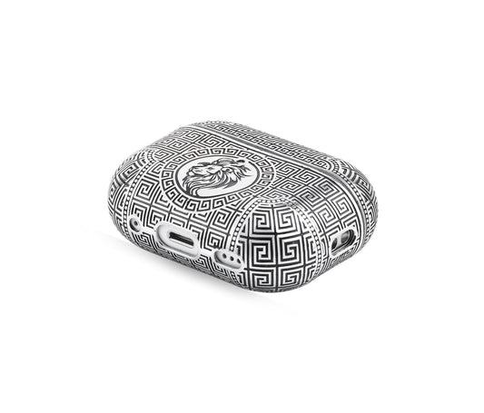 Bottom view of AirPods Pro case made from silver, featuring an abstract design with black enamel details and a stunning silver PVD-coated shine.