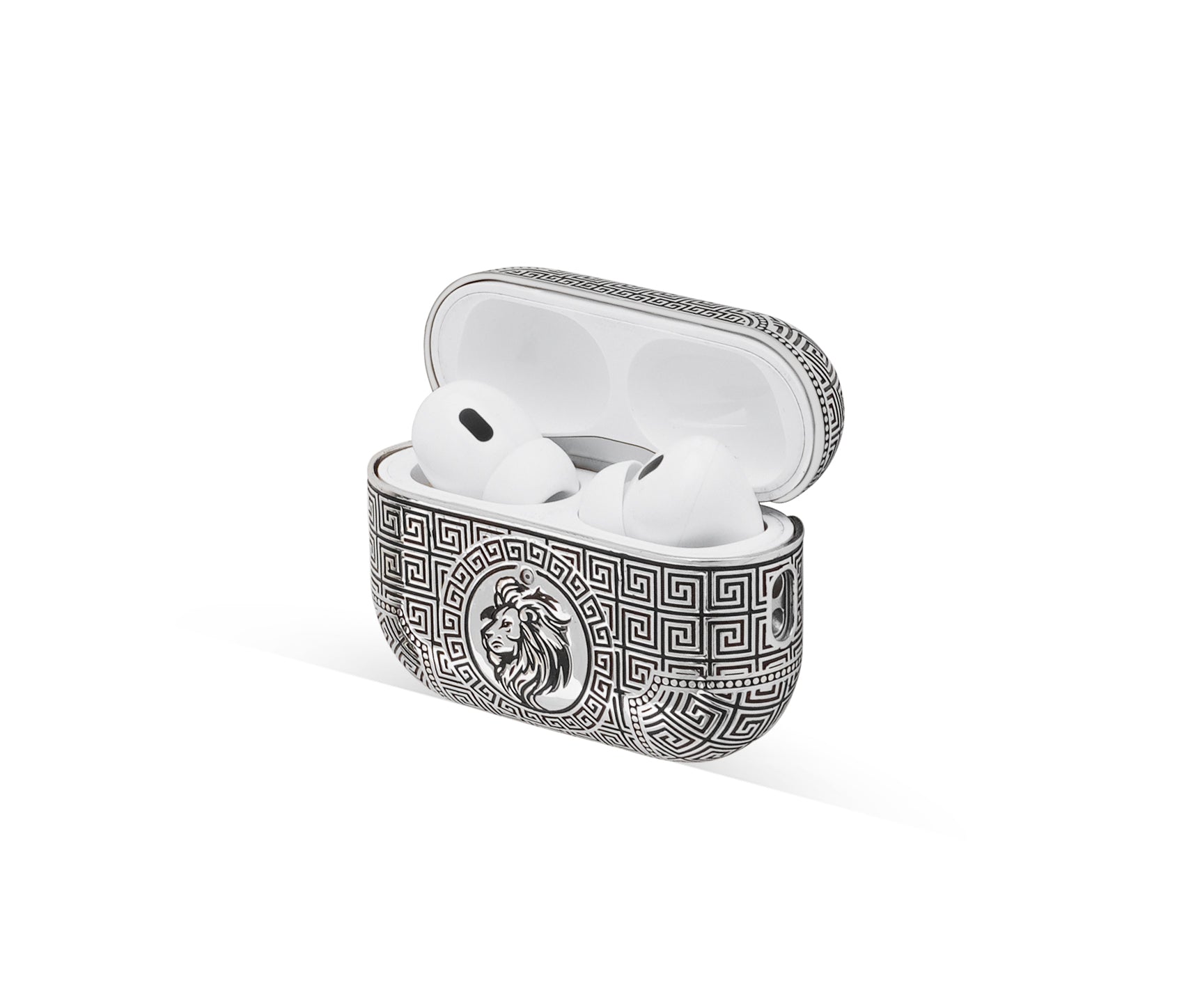 AirPods Pro case made from silver, featuring an abstract design with black enamel in details and a stunning silver PVD-coated shine.