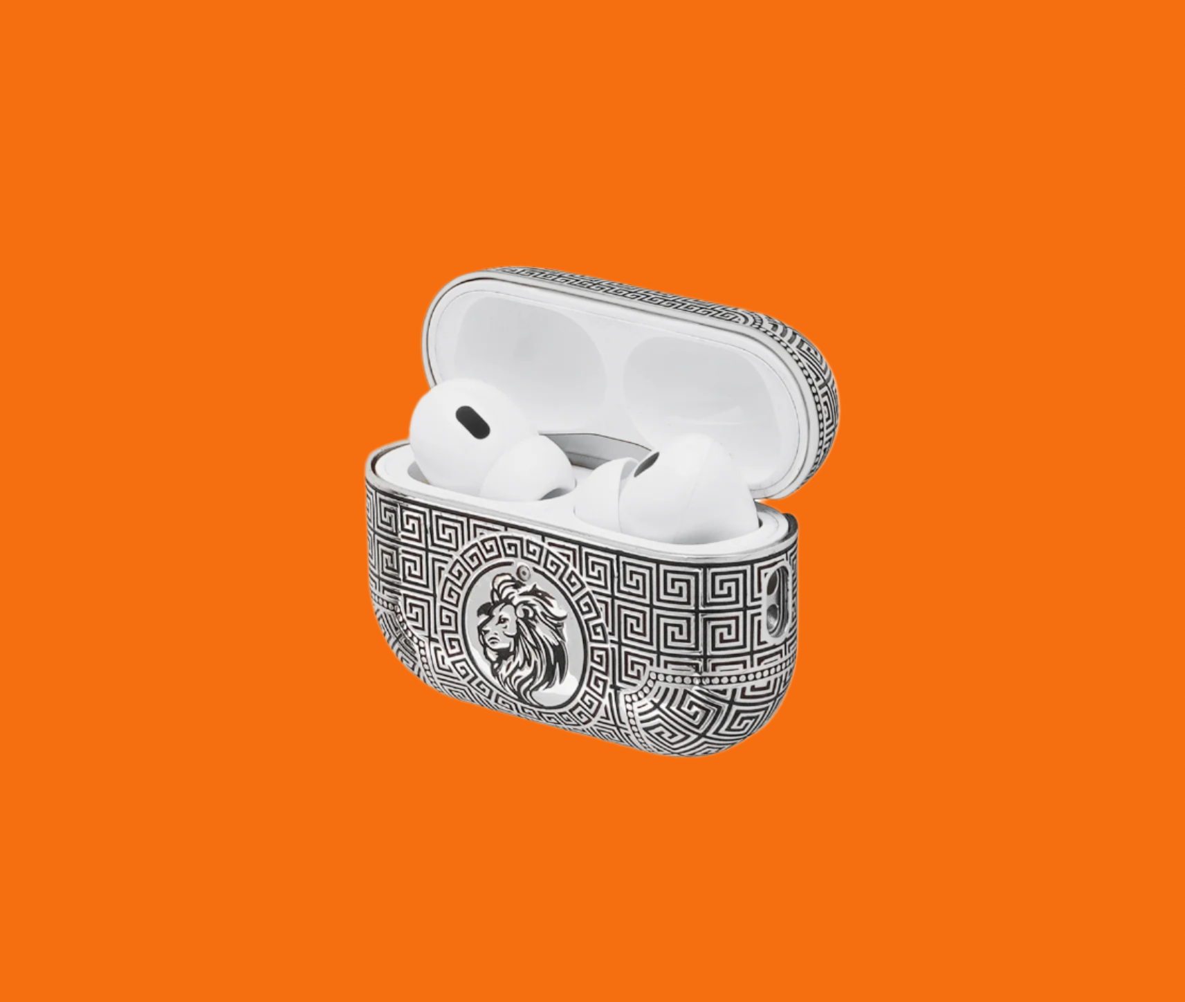 AirPods Pro case made from silver, featuring an abstract design with black enamel details and a stunning silver PVD-coated shine.