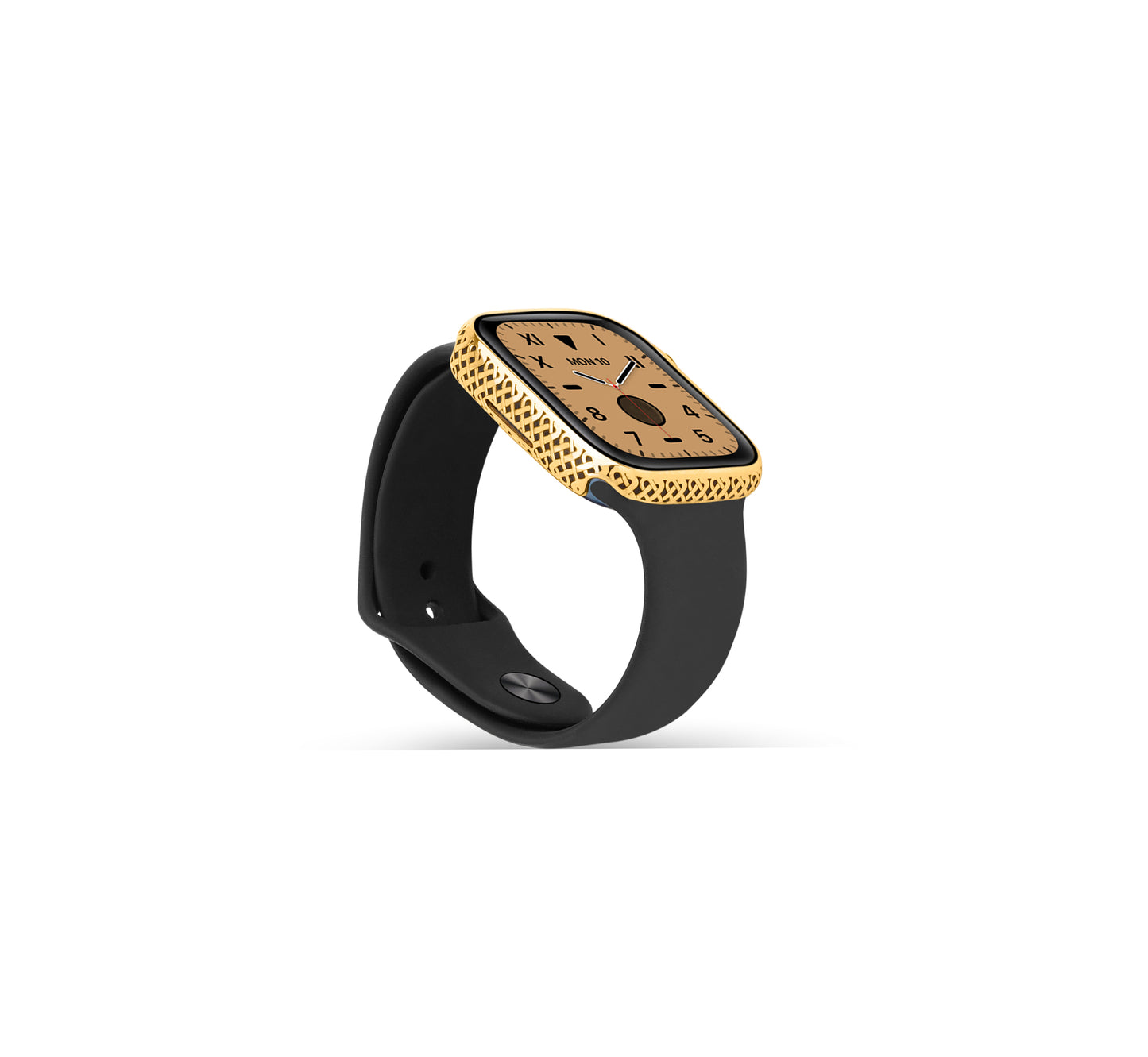 Side profile of Apple Watch Series 9 golden case with custom design made from sterling silver with a PVD-coated gold finish, featuring hand-applied black enamel for a sleek and sophisticated design