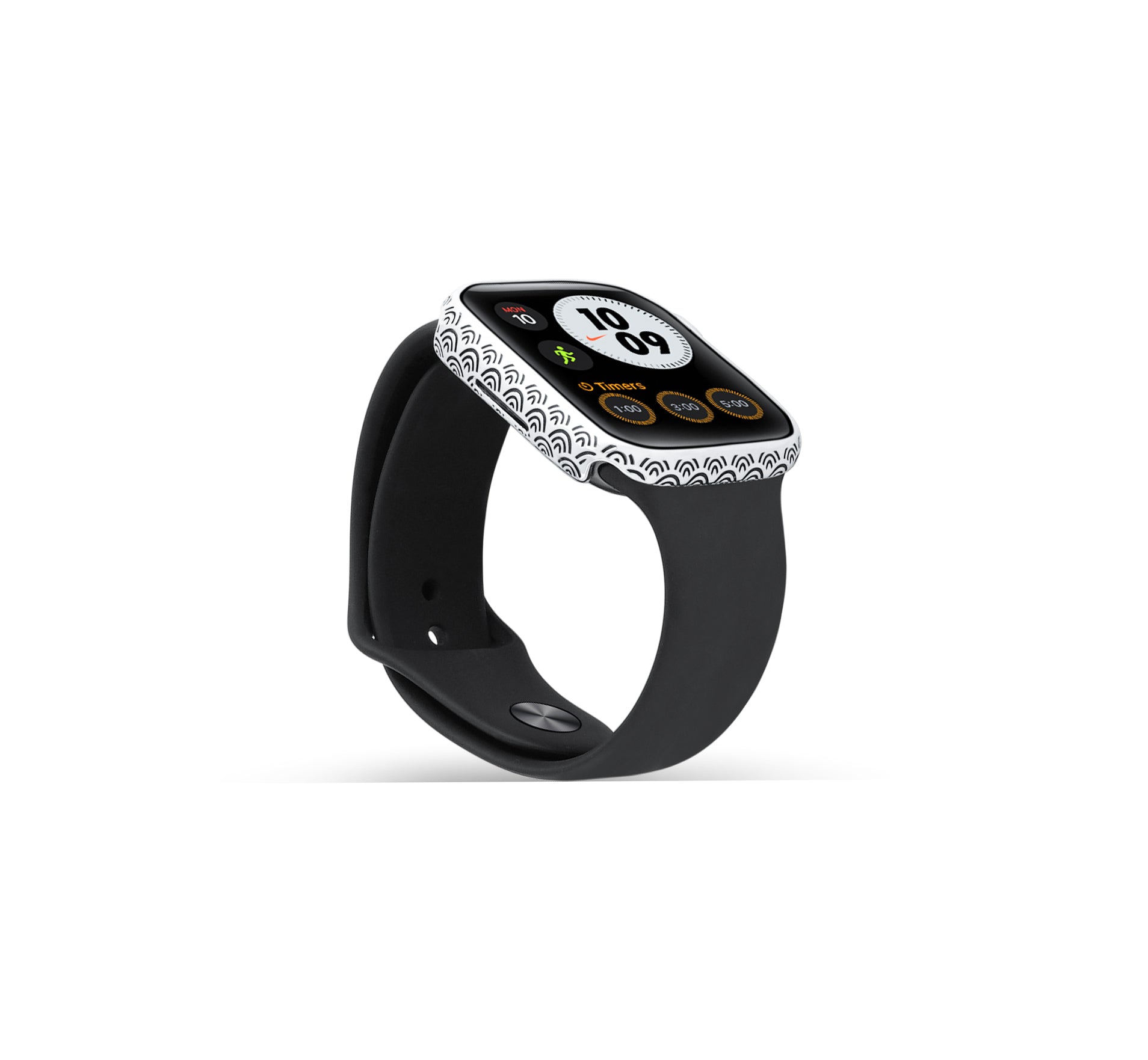 Side profile of Apple Watch Series 9 silver case with custom design made from sterling silver with a PVD-coated silver finish, featuring hand-applied black enamel for a sleek and sophisticated design