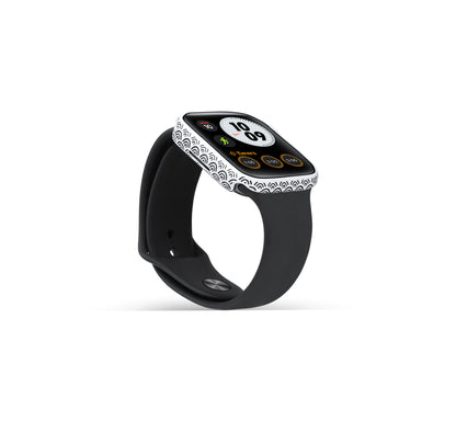 Side profile of Apple Watch Series 9 silver case with custom design made from sterling silver with a PVD-coated silver finish, featuring hand-applied black enamel for a sleek and sophisticated design