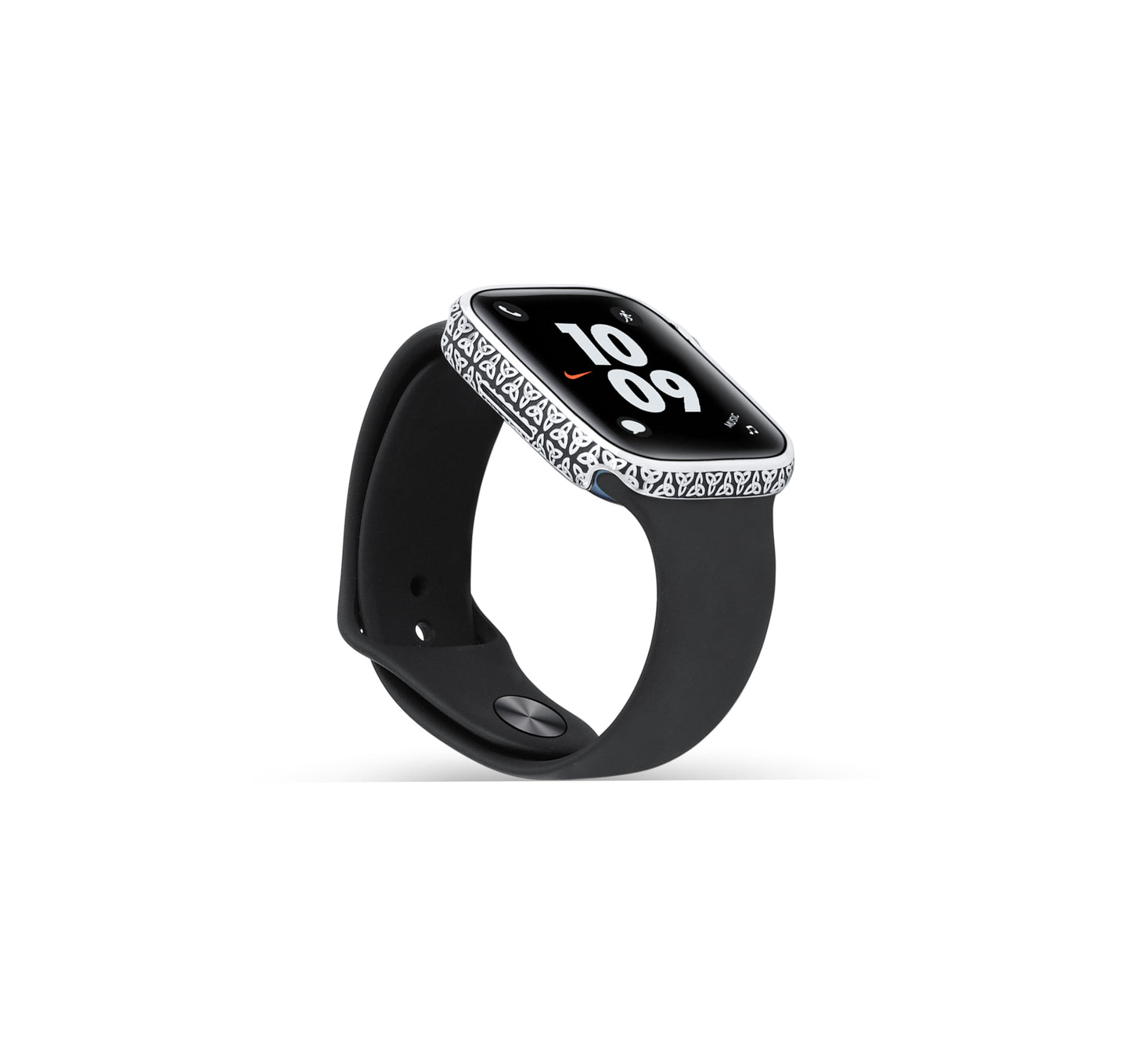 Side profile of Apple Watch Series 9 silver case with custom design made from sterling silver with a PVD-coated silver finish, featuring hand-applied black enamel for a sleek and sophisticated design