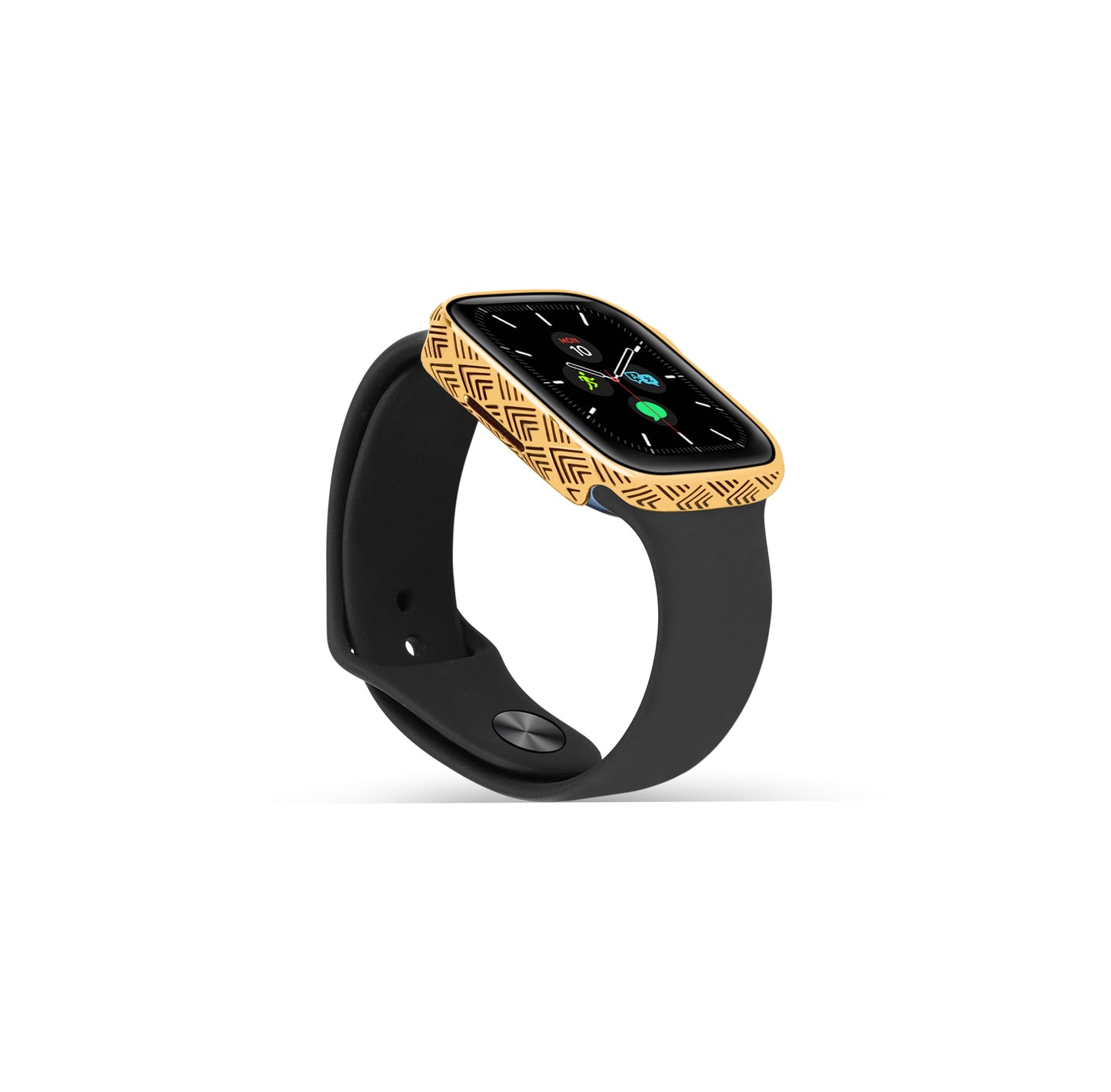 Side profile of Apple Watch Series 9 golden case with custom design made from sterling silver with a PVD-coated gold finish, featuring hand-applied black enamel for a sleek and sophisticated design