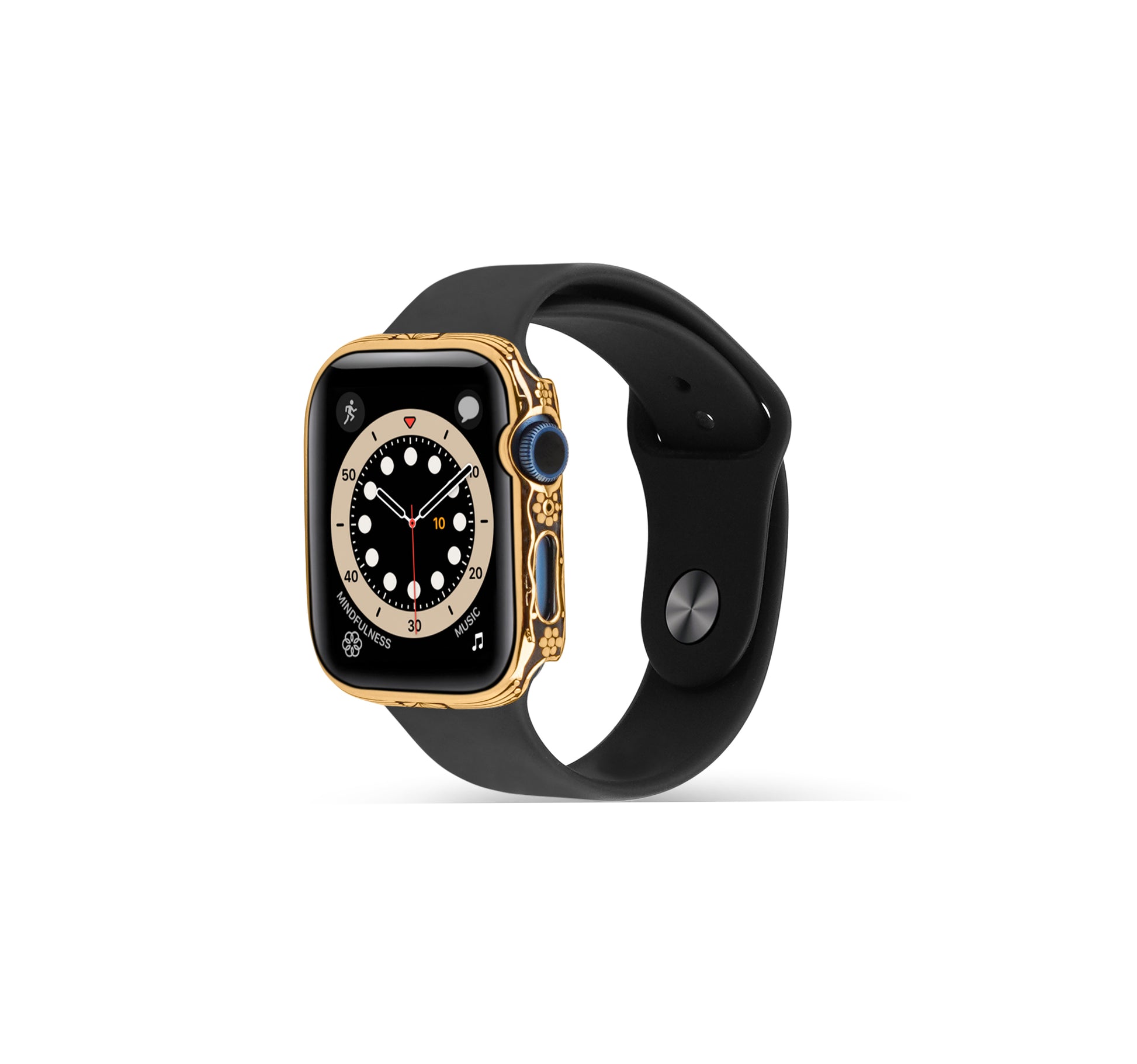 Side profile of Apple Watch Series 9 golden case with custom design made from sterling silver with a PVD-coated gold finish, featuring hand-applied black enamel for a sleek and sophisticated design