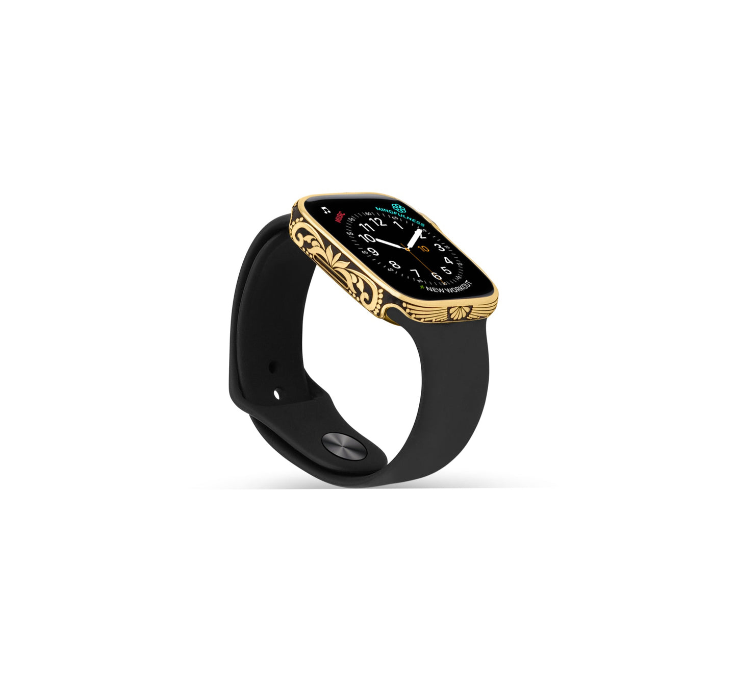 Side profile of Apple Watch Series 9 golden case with custom design made from sterling silver with a PVD-coated gold finish, featuring hand-applied black enamel for a sleek and sophisticated design