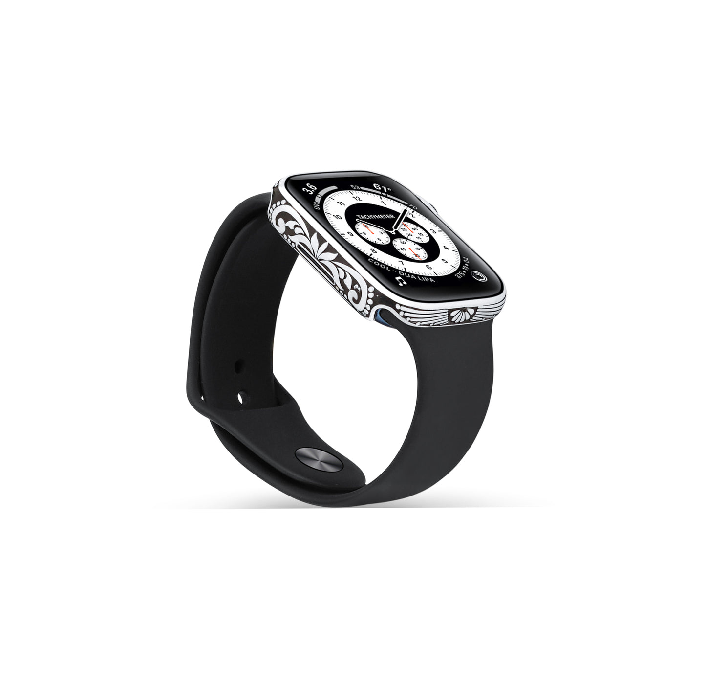 Side profile of Apple Watch Series 9 silver case with custom design made from sterling silver with a PVD-coated silver finish, featuring hand-applied black enamel for a sleek and sophisticated design