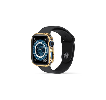 Side profile of Apple Watch Series 9 golden case with custom design made from sterling silver with a PVD-coated gold finish, featuring hand-applied black enamel for a sleek and sophisticated design