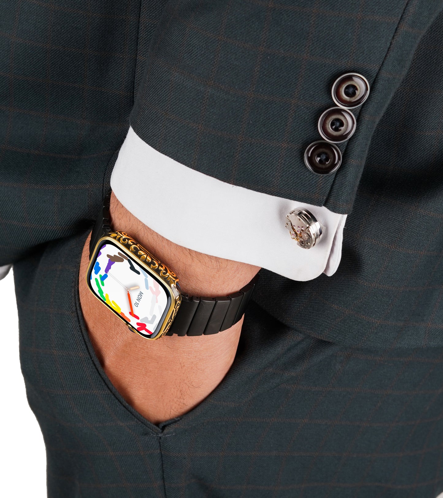 Apple Watch Series 9 silver case with custom design made from sterling silver with a PVD-coated gold finish, featuring hand-applied black enamel for a sleek and sophisticated design