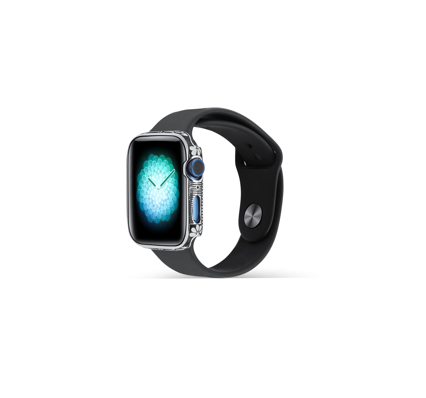 Side profile of Apple Watch Series 9 silver case with custom design made from sterling silver with a PVD-coated silver finish, featuring hand-applied black enamel for a sleek and sophisticated design