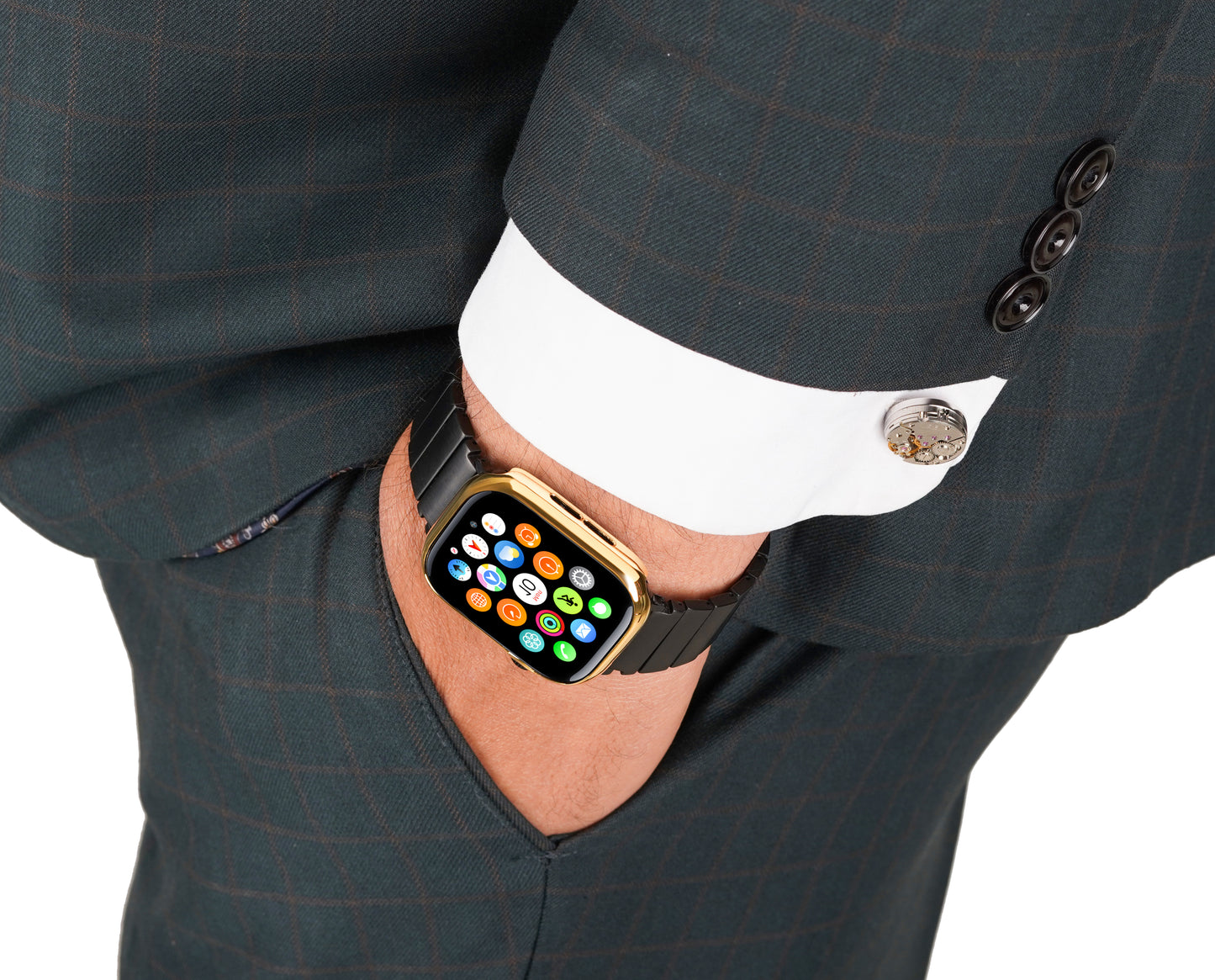 Apple Watch Series 10 silver case with plain design made from sterling silver with a PVD-coated Gold finish, that gives sleek and sophisticated design