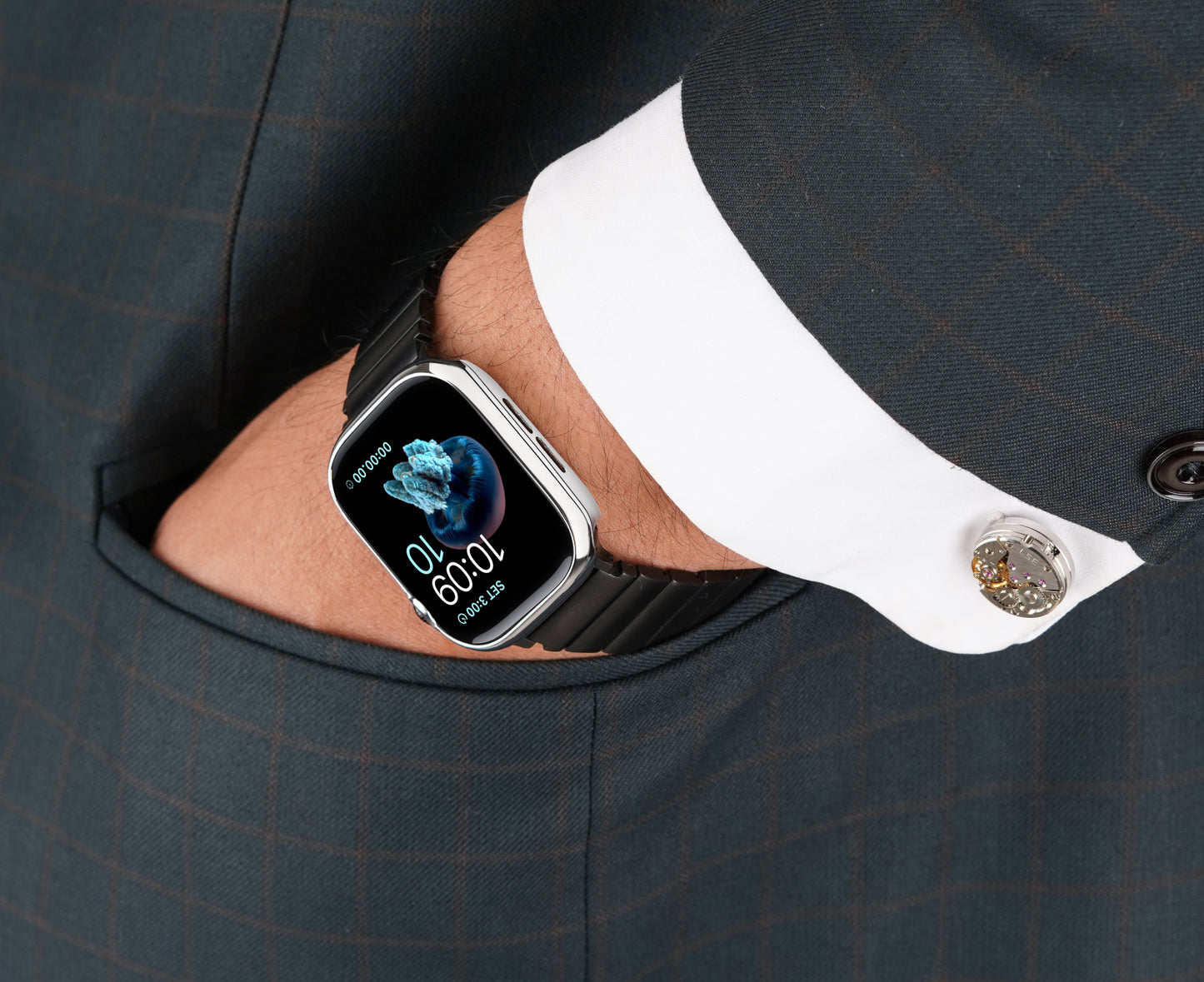 Apple Watch Series 10 silver case with plain design made from sterling silver with a PVD-coated silver finish