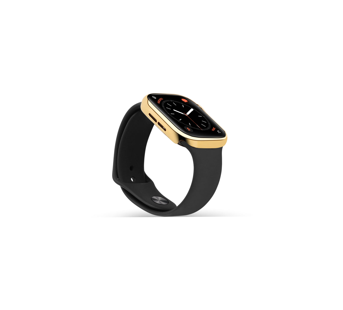 Side profile of Apple Watch Series 10 golden case with plain design made from sterling silver with a PVD-coated gold finish