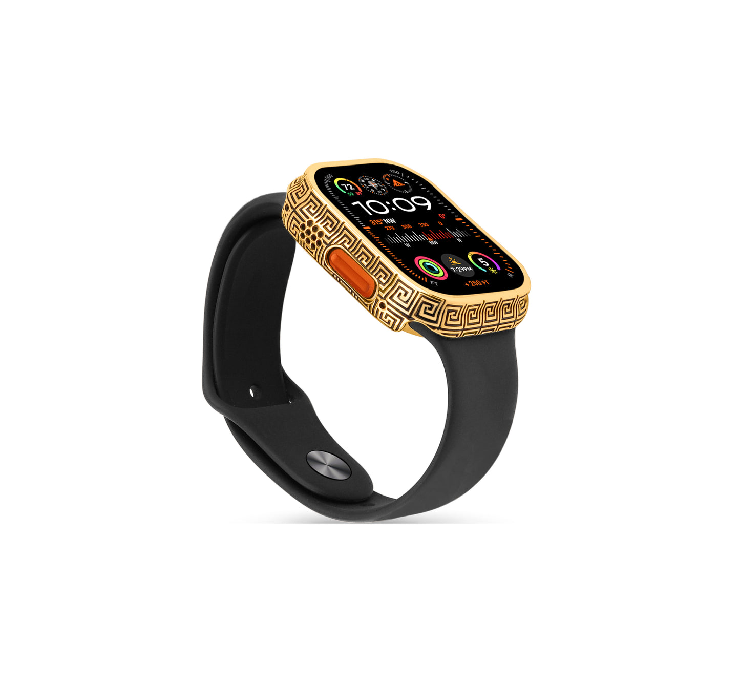 Apple Watch Ultra silver case with custom design made from sterling silver with a PVD-coated gold finish, featuring hand-applied black enamel for a sleek and sophisticated design