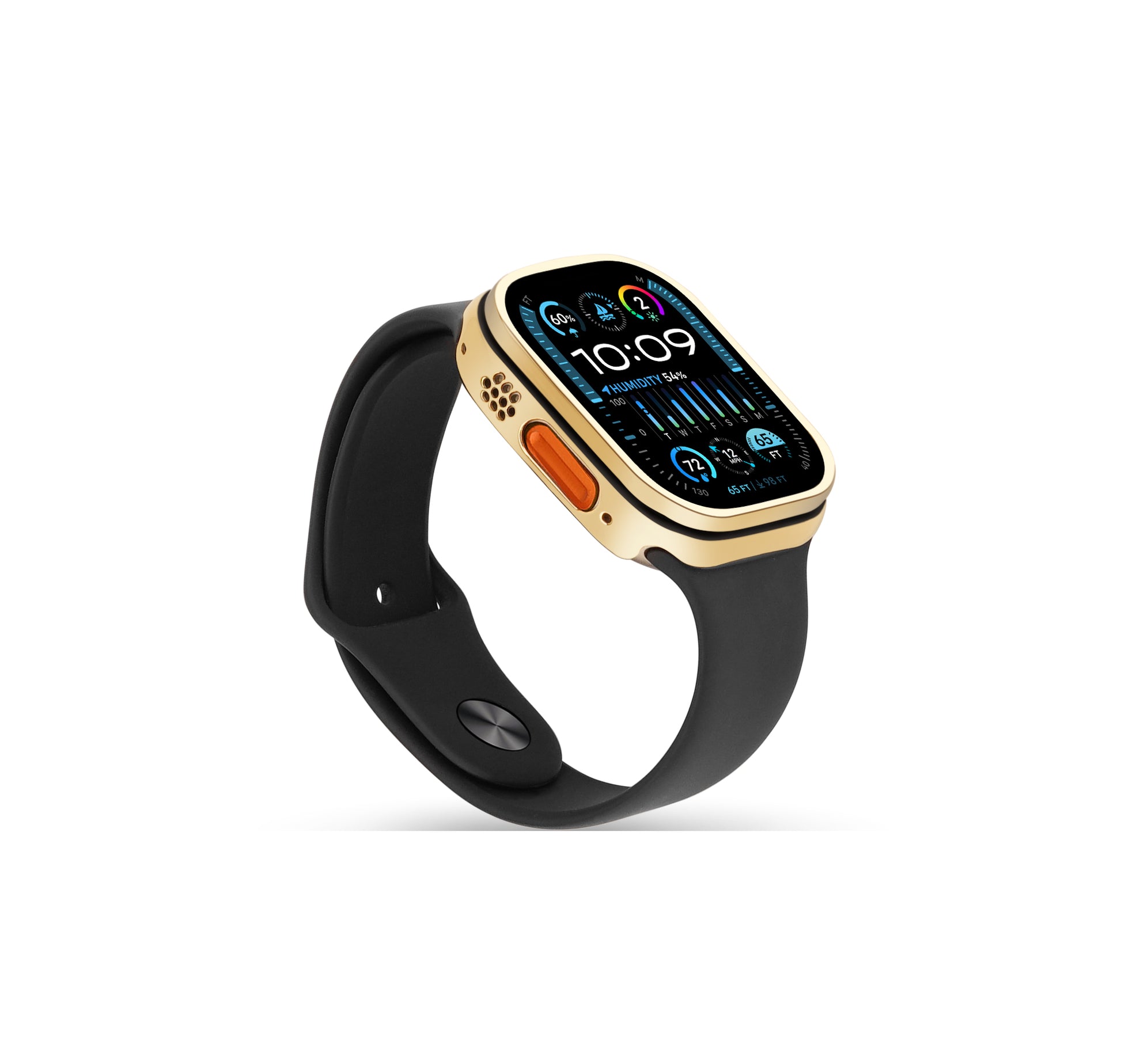 Apple Watch Ultra case made from sterling silver with a sleek Golden PVD coating and a distinctive black enamel line running through the middle, offering a bold and modern design for luxury enthusiasts.