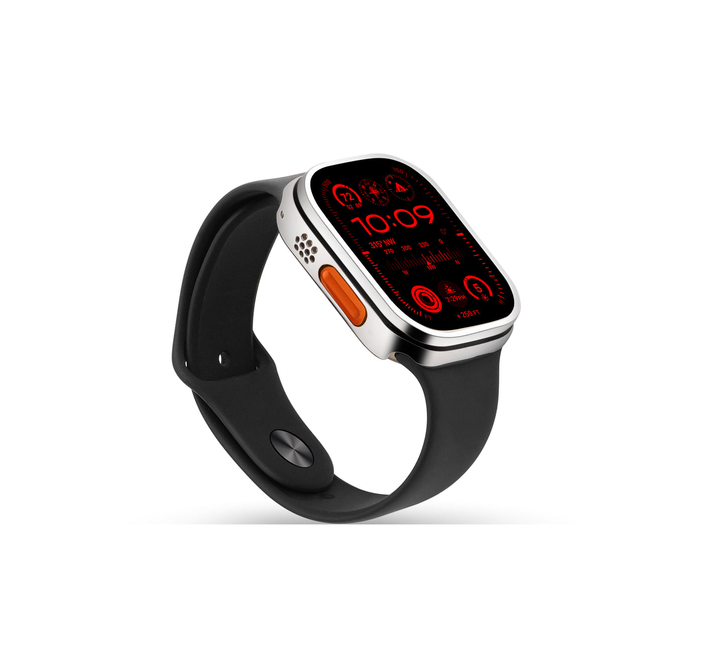 Apple Watch Ultra case made from sterling silver and a sleek silver PVD coating and a distinctive black enamel line running through the middle, offering a bold and modern design for luxury enthusiasts.