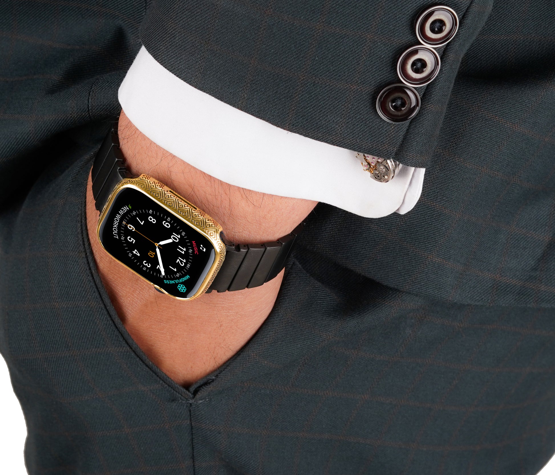 Apple Watch Series 9 silver case with custom design made from sterling silver with a PVD-coated gold finish, featuring hand-applied black enamel for a sleek and sophisticated design