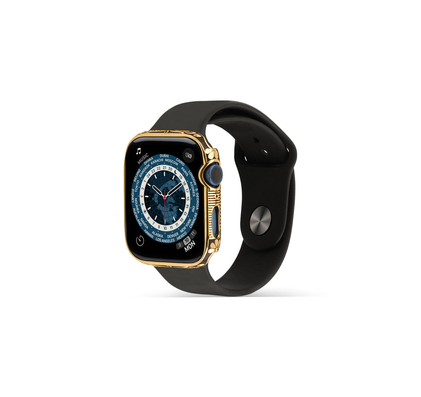 Side profile of Apple Watch Series 9 golden case with custom design made from sterling silver with a PVD-coated gold finish, featuring hand-applied black enamel for a sleek and sophisticated design