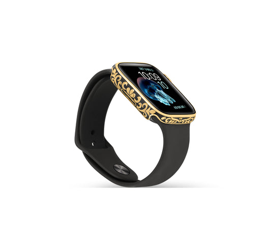 Side profile of Apple Watch Series 9 golden case with custom design made from sterling silver with a PVD-coated gold finish, featuring hand-applied black enamel for a sleek and sophisticated design